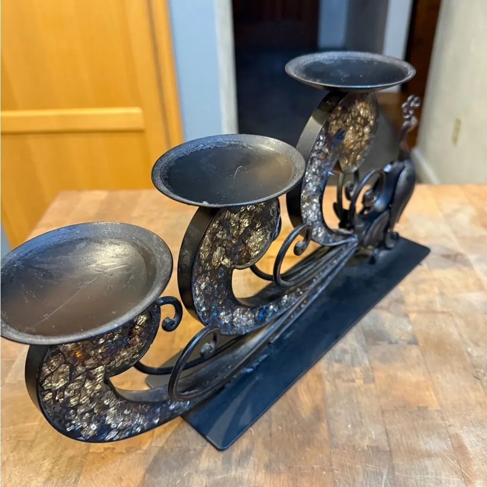 Vintage Pier 1 Elegant Black and Gold mosaic Glass tiles Peacock Candle Holder